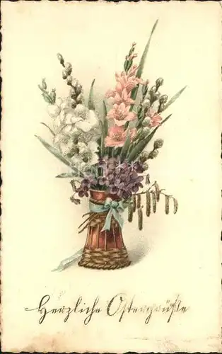 Ostern Easter Paques Veilchen Gladiolen Weidenkaetzchen / Greetings /