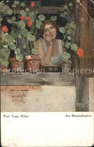 Kuenstlerkarte Prof. Casp. Ritter Am Blumenfenster Frau  Kat. Kuenstlerkarte