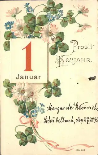 Datumskarte 1. Januar Neujahr Kleeblaetter Blumen Litho Kat. Besonderheiten