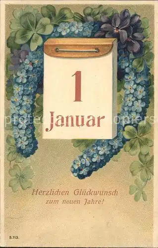 Datumskarte 1. Januar Neujahr Hufeisen Vergissmeinnicht Veilchen Kleeblaetter  Kat. Besonderheiten