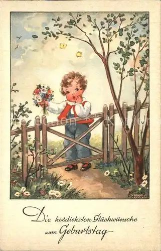 Petersen Hannes Nr. 3146 Kind Schmetterlinge Blumen Glueckwunsch Geburtstag Kat. Kuenstlerkarte
