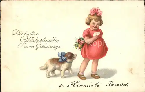 Hunde Kind Maedchen Blumen Brief Glueckwunsch Geburtstag Kat. Tiere