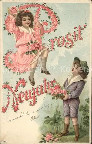 Kinder Child Enfants Neujahr Rosen Kleeblaetter Litho Kat. Kinder