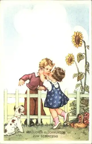 Kinder Child Enfants Hund Sonnenblumen Kuss Geburtstag Kat. Kinder