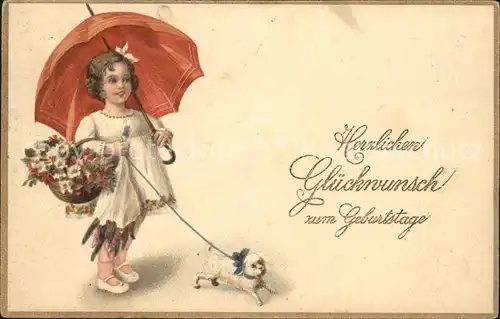 Kinder Child Enfants Hund Regenschirm Glueckwunsch Geburtstag Blumen Kat. Kinder