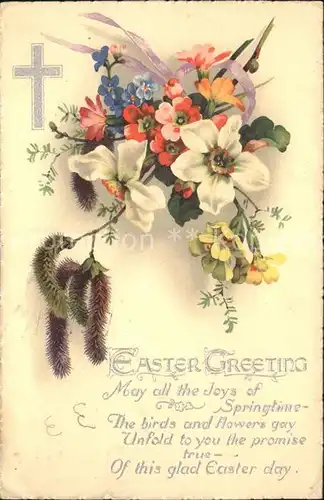 Ostern Easter Paques Narzisse Schluesselblume Weidenkaetzchen Vergissmeinnicht Gedicht  / Greetings /