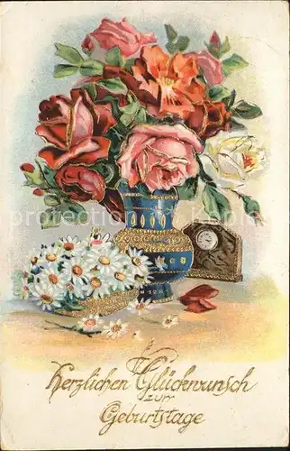 Rosen Uhr Gaensebluemchen Vase Glueckwunsch Geburtstag Kat. Pflanzen