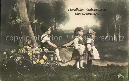 Foto PH Nr. 4271 3 Glueckwunsch Geburtstag Kinder Holzwagen Blumen Kat. Fotografie