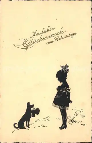 Scherenschnitt Schattenbildkarte Kind Maedchen Hund Glueckwunsch Geburtstag / Besonderheiten /
