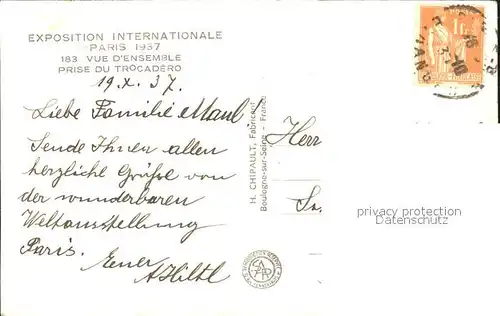 Exposition Internationale Paris 1937 Prise du Trocadero  Kat. Expositions