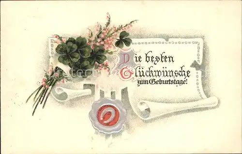 Geburtstag Glueckwunsch Kleeblaetter Blumen Siegel Hufeisen Kat. Greetings