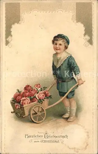 Kinder Child Enfants Schubkarre Rosen Glueckwunsch Geburtstag Litho Kat. Kinder