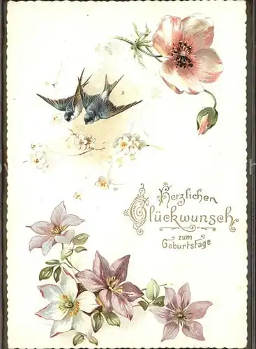 Geburtstag Schwalben Blumen Litho Kat. Greetings