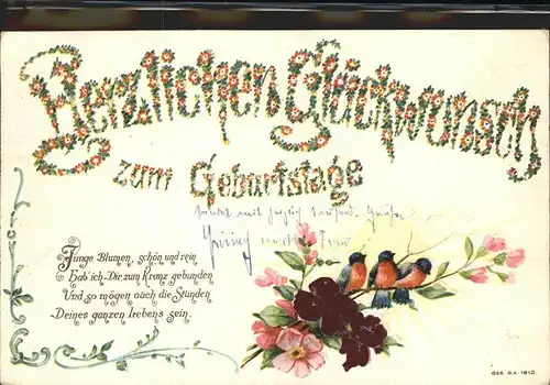 Geburtstag Gedicht Blumen Voegel  Kat. Greetings