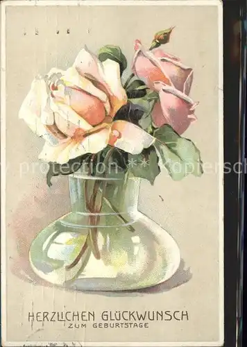 Rosen Vase Glueckwunsch Geburtstag Litho  Kat. Pflanzen