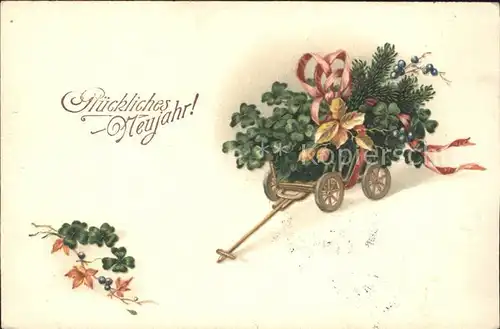 Neujahr Kleeblaetter Holzwagen  Kat. Greetings