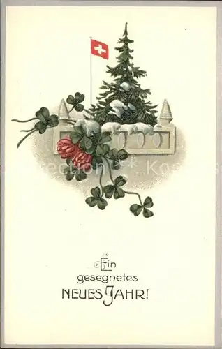 Neujahr Tannenbaum Kleeblaetter Fahne Schweiz Litho Kat. Greetings