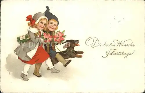 Kinder Child Enfants Hund Geburtstag Rosen Sekt Litho Kat. Kinder