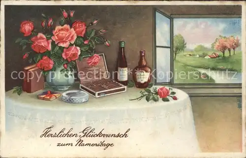Namenstag Namenskarte Rosen Zigarren Alkohol Aschenbecher  /  /