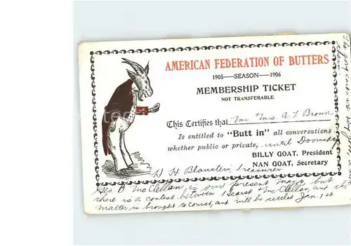 Ziege American Federation of Butters Membership Ticket  Kat. Tiere