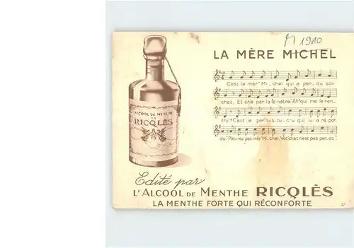 Liederkarte La Mere Michel Werbung Alcool de Menthe Ricqles Katze Kat. Musik