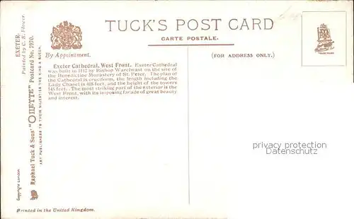 Verlag Tucks Oilette Nr. 7970 Exeter Cathedral West Front Charles E. Flower  Kat. Verlage