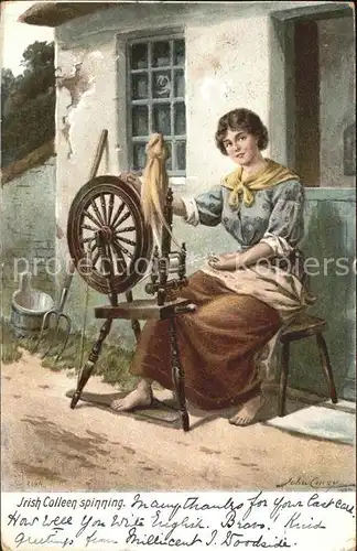 Spinnrad Irish Colleen spinning Kuenstlerkarte John Carrey  Kat. Handwerk