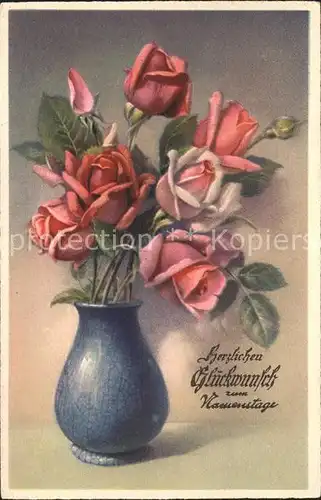 Namenstag Namenskarte Glueckwunsch Rosen Vase  /  /