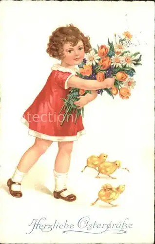 Ostern Easter Paques Kind Maedchen Tulpen Margeriten Kueken Veilchen  / Greetings /