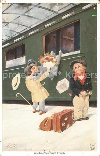 Eisenbahn Bahnhof Wiedersehen Paar Rosen Koffer Kuenstler Bert Nr. 1281 Verlag Primus  Kat. Eisenbahn