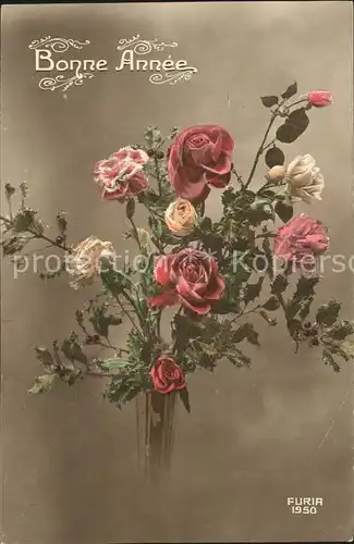 Verlag FURIA Nr. 1950 Rosen Nelken Vase Neujahr 