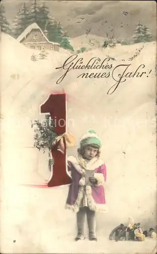 Neujahr Kind Maedchen Wintermode Hufeisen Blumen  Kat. Greetings