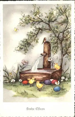 Ostern Easter Paques Kueken Brunnen Ostereier Blumen  / Greetings /
