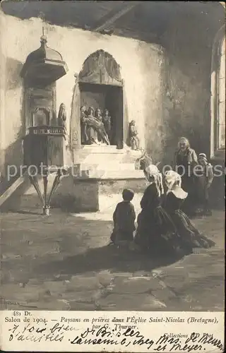 Kuenstlerkarte G. Thurner Paysans en prieres Eglise Saint Nicolas Salon de 1904 Kat. Kuenstlerkarte