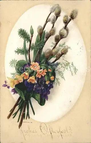 Ostern Easter Paques Schluesselblumen Veilchen Weidenkaetzchen Litho / Greetings /