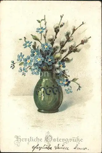 Ostern Easter Paques Vergissmeinnicht Weidenkaetzchen Vase Litho / Greetings /