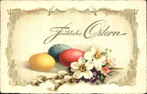 Ostern Easter Paques Dichter-Narzissen Ostereier Weidenkaetzchen Litho / Greetings /