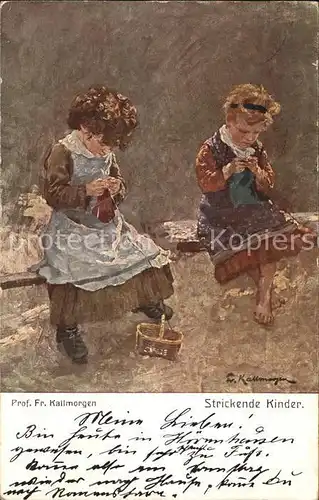 Handarbeit Stricken Kuenstlerkarte Prof. Fr. Kallmorgen Strickende Kinder Nr. K 1226 Kat. Handarbeit