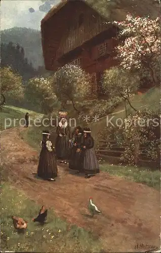 Hoffmann Heinrich Nach dem Kirchgang St. Georgen Nr. 176 Schwarzwaldhaus Frauen Trachten Huehner  Kat. Kuenstlerkarte