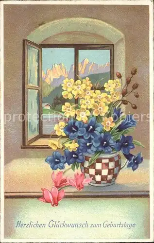 Geburtstag Enzian Alpenveilchen Schluesselblumen Vase  Kat. Greetings