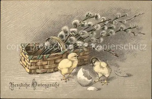 Ostern Easter Paques Kueken Korb Weidenkaetzchen Ei / Greetings /