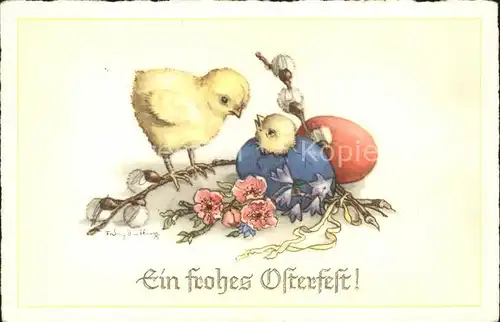 Ostern Easter Paques Kueken Ei Weidenkaetzchen Blumen  / Greetings /