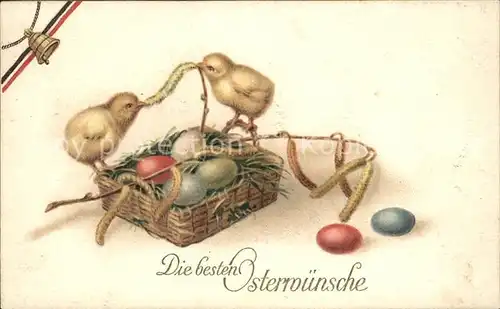 Ostern Easter Paques Kueken Ostereier Weidenkaetzchen Glocke Schwarz-Weiss-Rot Litho / Greetings /