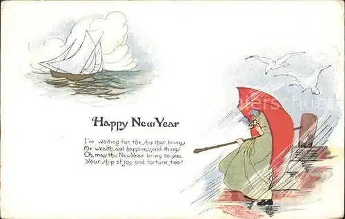 Neujahr Segelboot Moewen Kind Regenschirm Gedicht Wind  Kat. Greetings