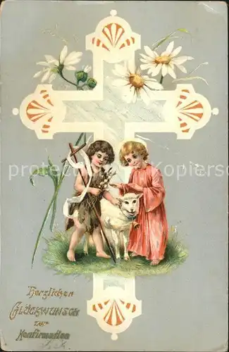 Konfirmation Kinder Schaf Weidenkaetzchen Kreuz Margeriten Litho Kat. Feiern und Feste