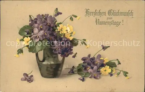 Namenstag Namenskarte Veilchen Schluesselblumen Vase  /  /
