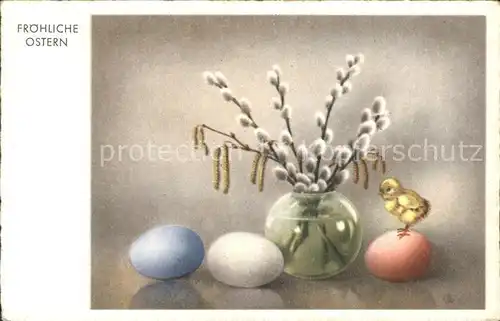 Ostern Easter Paques Kueken Weidenkaetzchen Ostereier  / Greetings /