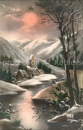 Verlag ABC Nr. 2027 Neujahr Kirche Fluss Berge Baeume Natur