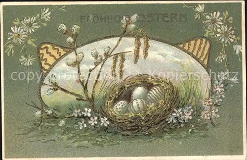 Ostern Easter Paques Weidenkaetzchen Nest Ostereier Gaensebluemchen  / Greetings /