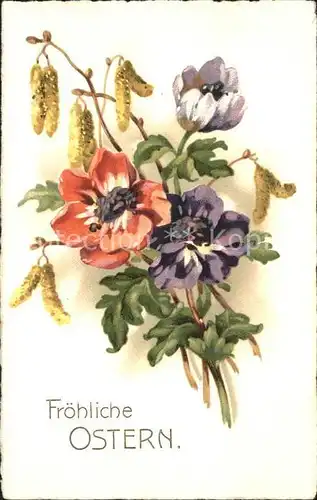 Ostern Easter Paques Anemonen Weidenkaetzchen Litho / Greetings /